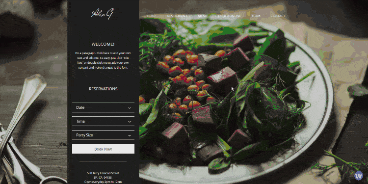 Wix template for restaurants; free for all Wix users.