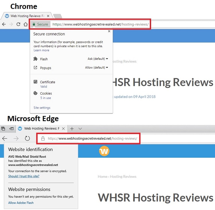 Indication of SSL on different Internet browsers.