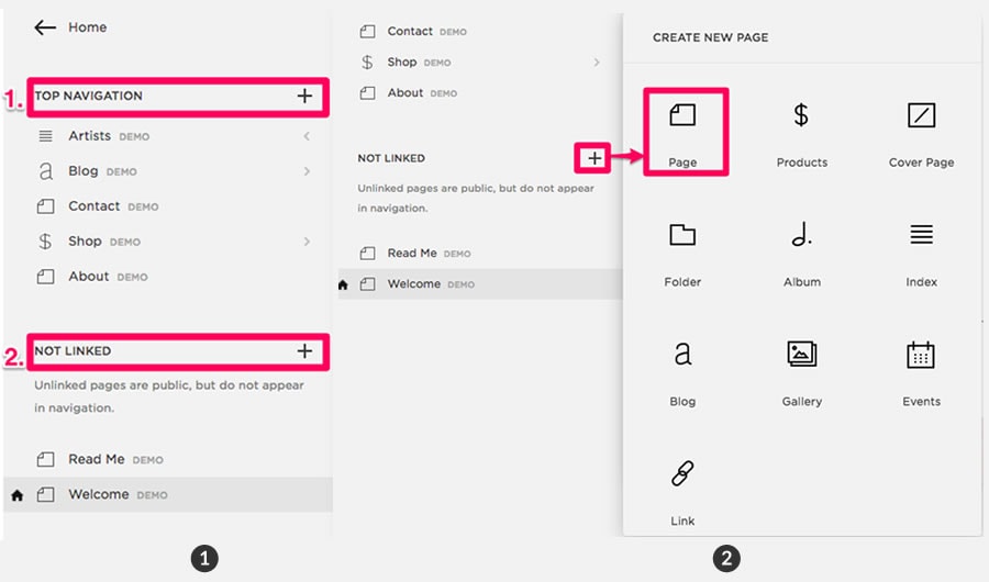 1. There are two ‘+’ signs you can click on to add a page to your site; 2. Add a new page.