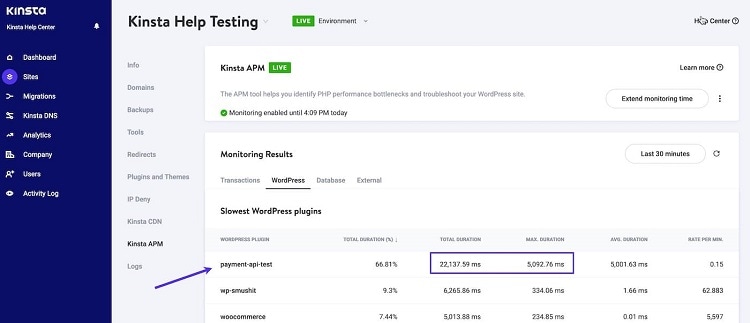 For example, you can use Kinsta APM to pinpoint the slowest WordPress plugins.