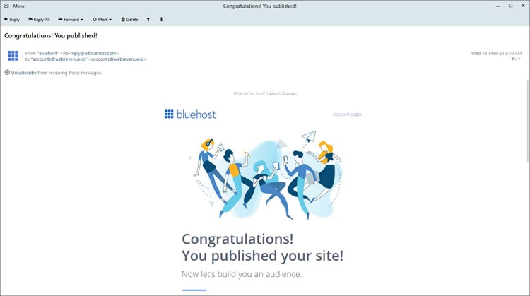 BlueHost welcome email