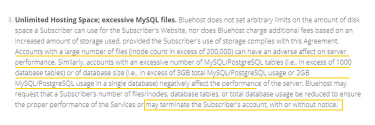 BlueHost unlimited hosting ToS