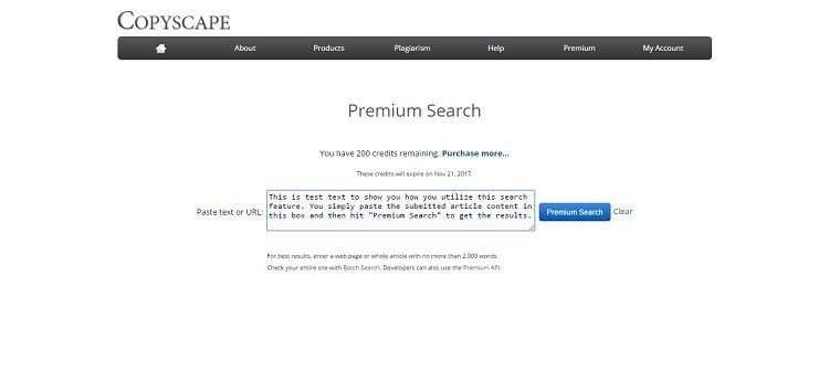 copyscape premium search with sample text