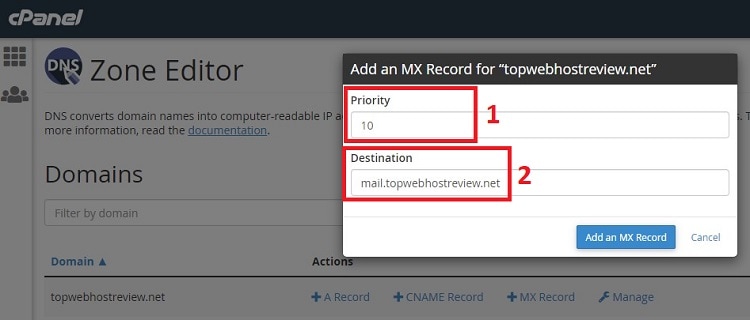 Setting up MX record of your custom email inbox in cPanel