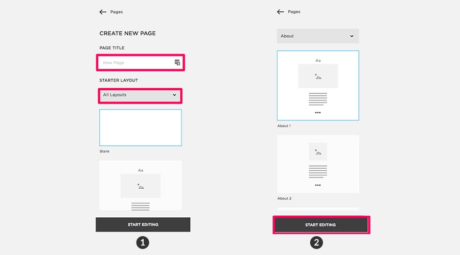 Now, for this example, I’m naming my page ‘About me’ and for the starter layout, I’m choosing a pre-made ‘About’ page template. Once I click on ‘START EDITING’, the selected about me page layout gets loaded in Squarespace’s page editor: