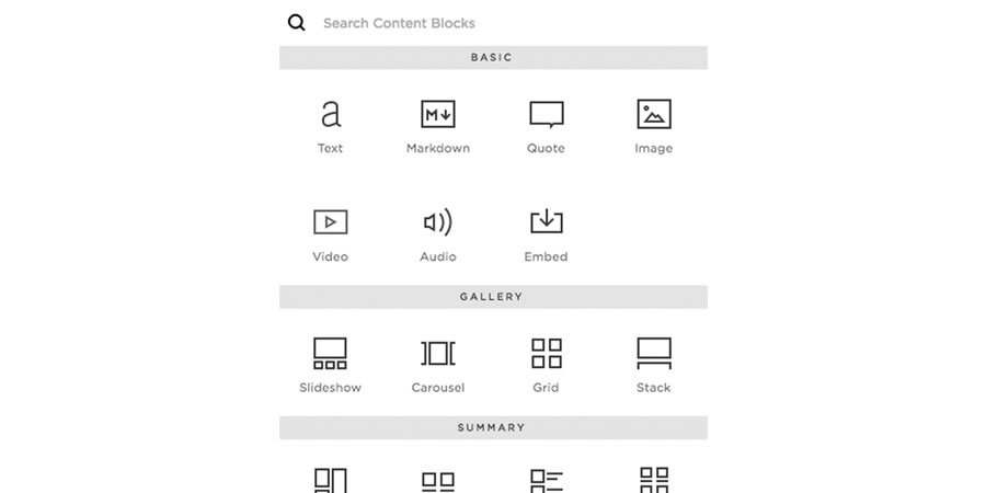 Some of the design elements you can add to your page at Squarespace.