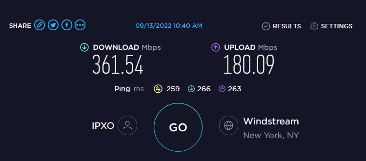 ExpressVPN speed test results from New York