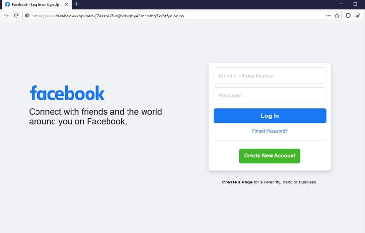 Screenshot of Facebook  on the Dark Web