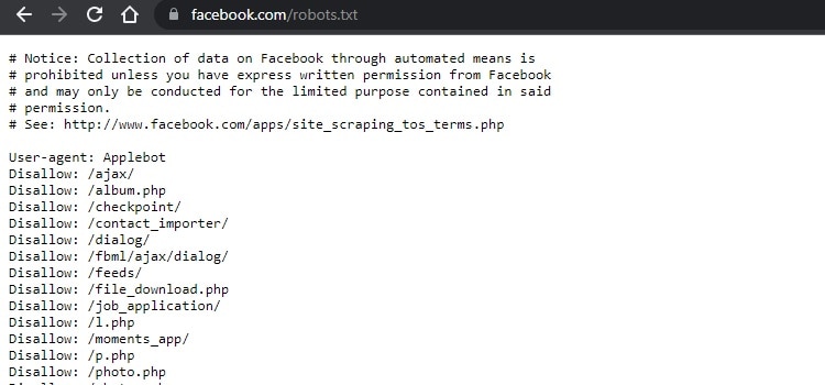 Facebook’s Robots.txt file.