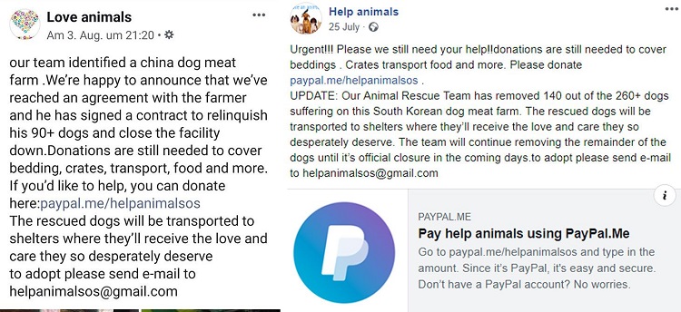 Here are examples of fake charities on social media using PayPal as a fund transfer gateway.