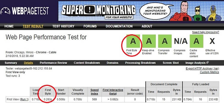 Time to First Byte (from Chicago, Illinois): 263ms.