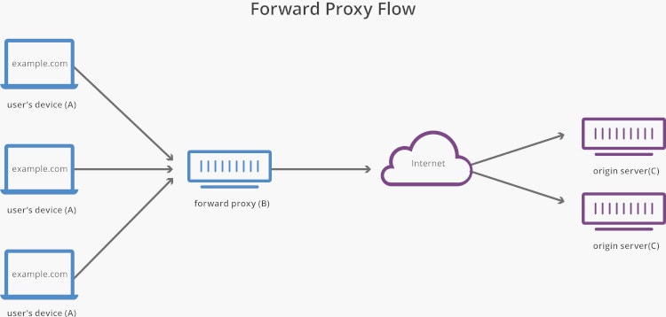 Forward proxy accepts requests from devices and forwards them to web servers