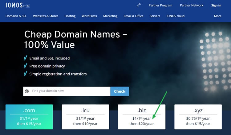 IONOS offers .biz domain for $1 but charges $20 for subsequent renewals