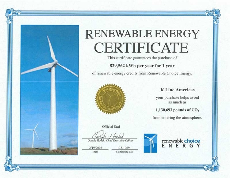 Sample Renewable Energy Certificate (REC).