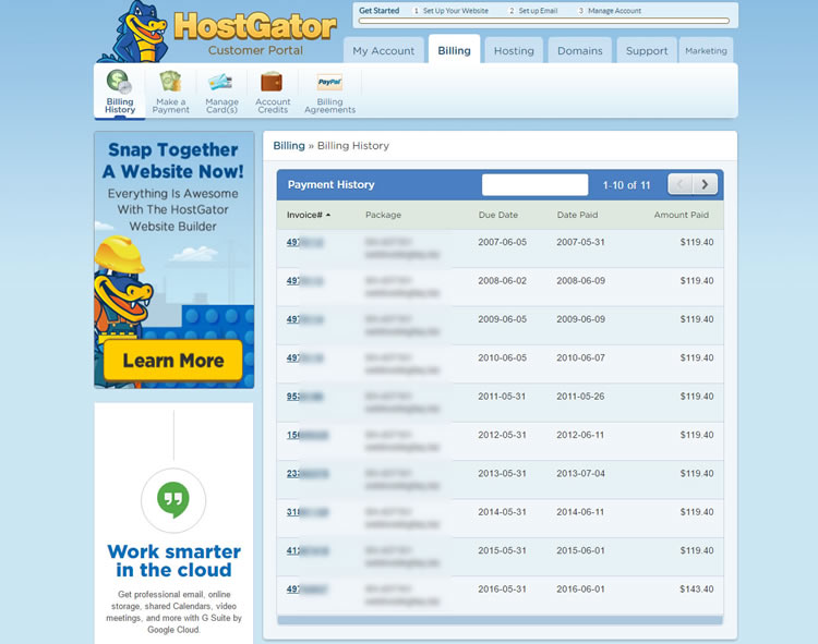 My 10 years billing history with Hostgator