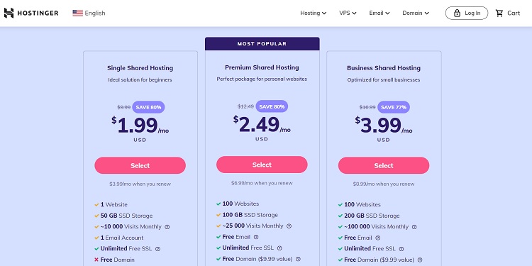 Hostinger web hosting pricing