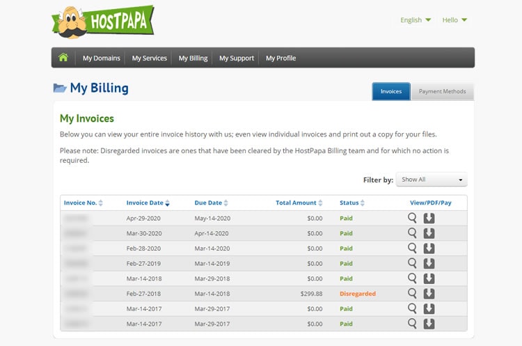 HostPapa billing history