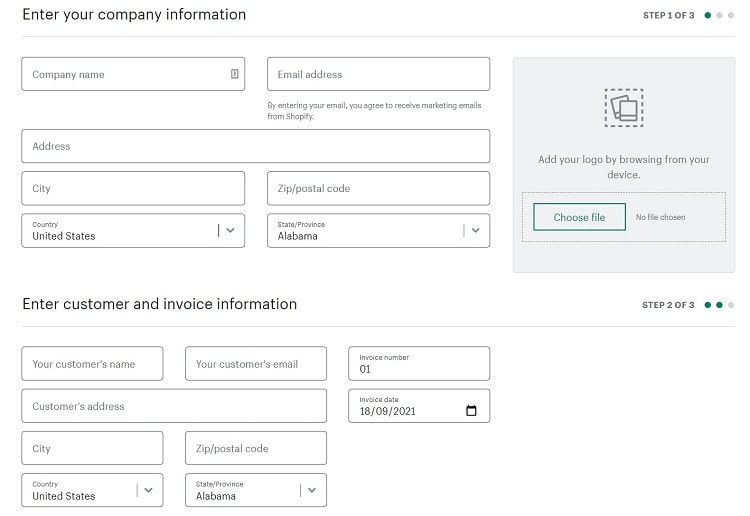 Shopify provides a comprehensive invoice generator that’s free to use.