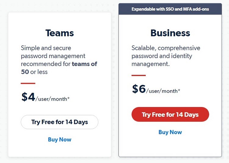 LastPass Teams and Business pricing.