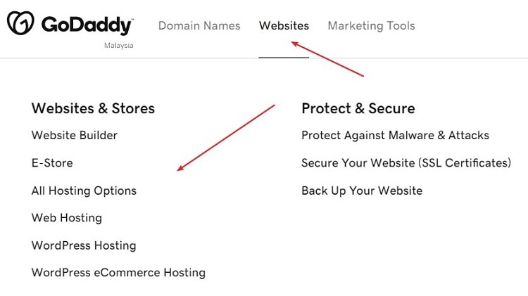 GoDaddy website menu