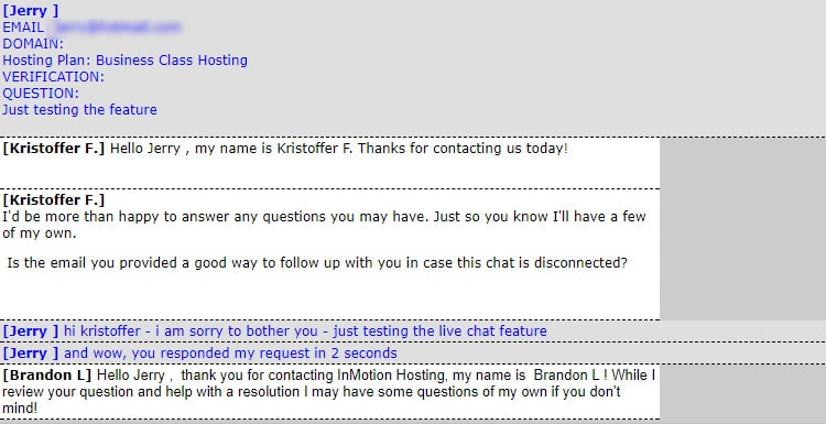Chat record with InMotion live chat system.