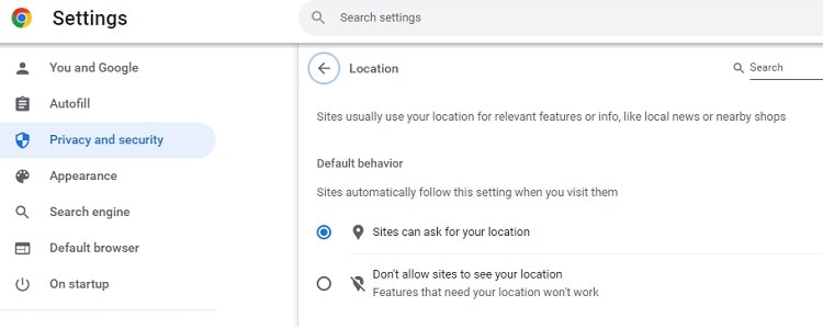 You can change your default location settings on the Chrome browser.