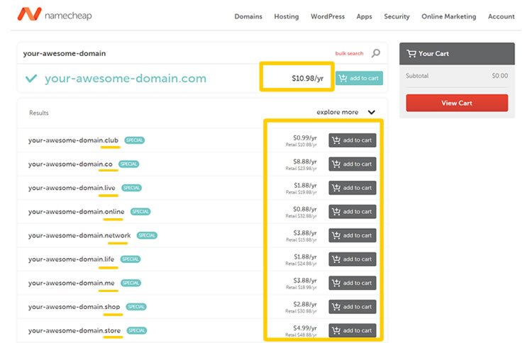 Domain prices at NameCheap (screen shot taken on April 2019).