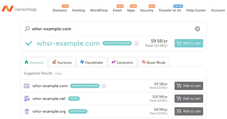 Namecheap domain name pricing as of December 2022