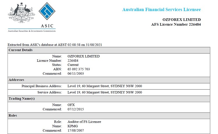 OFX has an Australian Financial Services Licence issued by the Australian Securities and Investments Commission