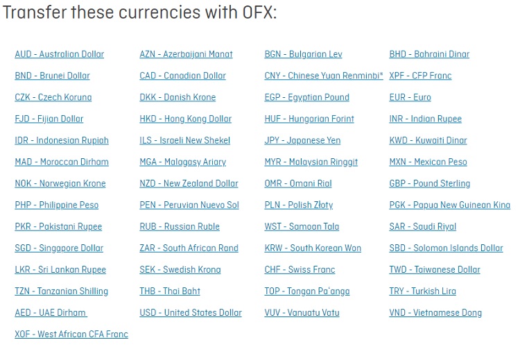 Wide range of currencies supported by OFX