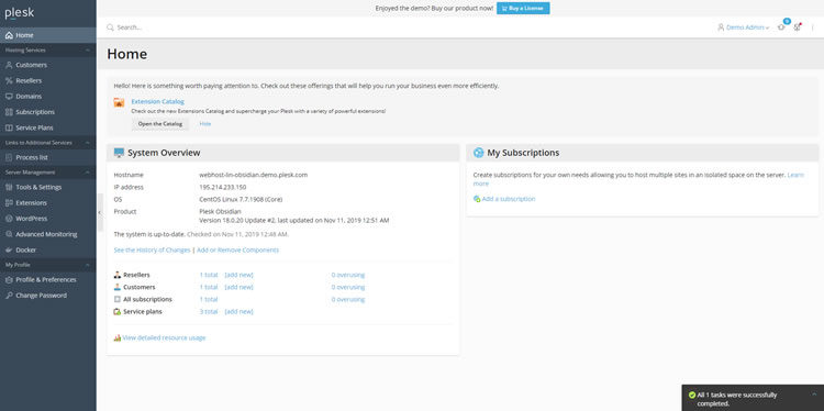 Plesk user dashboard