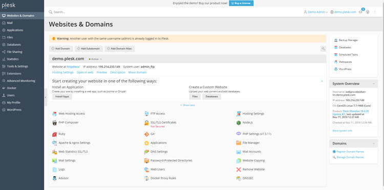 Plesk WebPro user dashboard