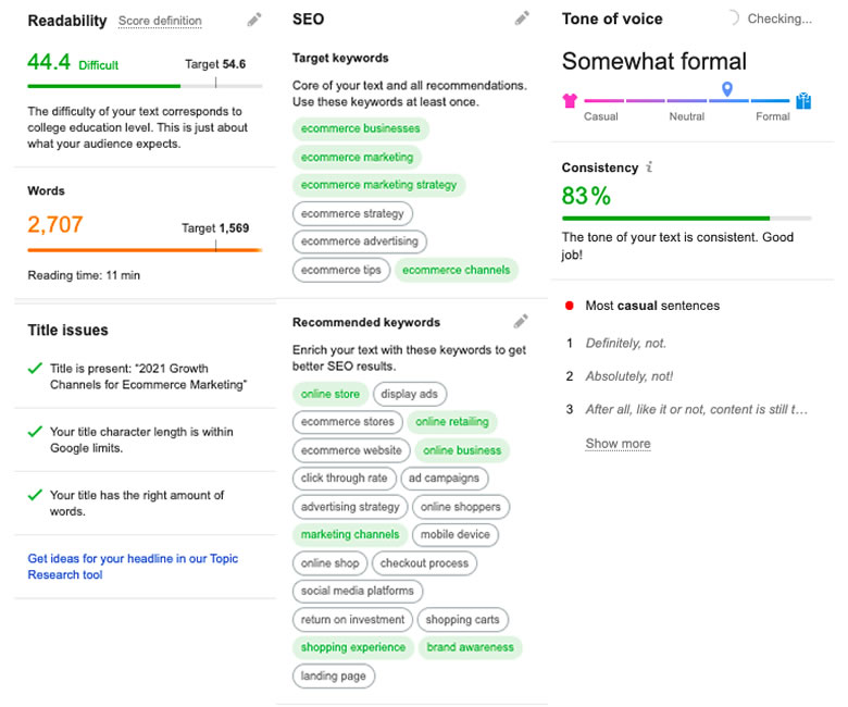 Demo: Once your copy is ready, you can run various analysis quickly with Semrush SWA Tool, including: Readability Score (left in image), Keyword Analysis and Recommendation (center), and Tone of Voice analysis (right).