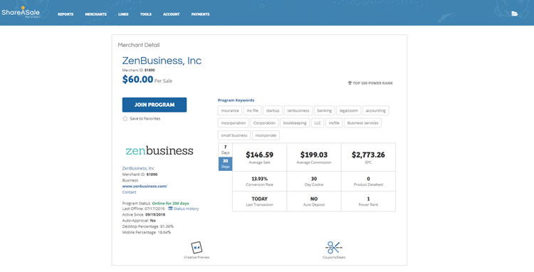 ShareASale merchant info
