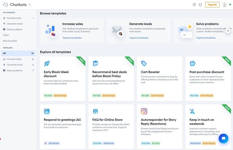 Choose from over 30 pre-built chatbot templates.