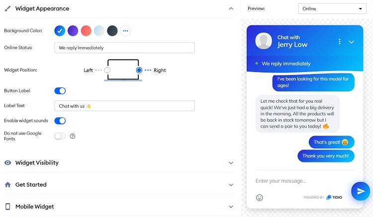 Tidio offers a WSYWIG design system for chatbot looks customization.