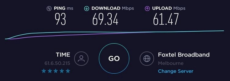 TorGuard speed test result from Australia server. Ping=93ms, download=69.34Mbps, upload=61.47Mbps