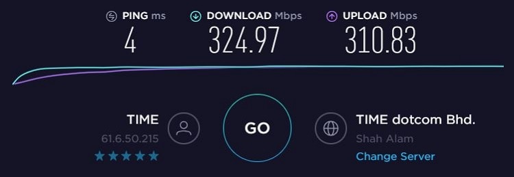 Baseline speed test from Malaysia server without VPN connection. Ping=4ms, download=324.97Mbps, upload=310.83Mbps