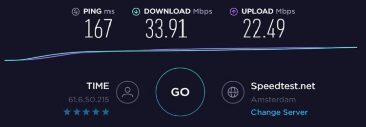 TorGuard speed test result from Europe server. Ping=167ms, download=33.91Mbps, upload=22.49Mbps