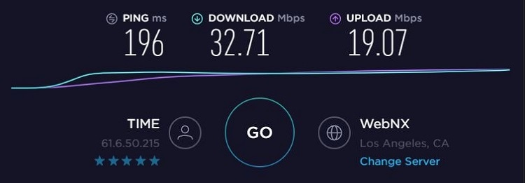 TorGuard speed test result from US server. Ping=196ms, download=32.71Mbps, upload=19.07Mbps