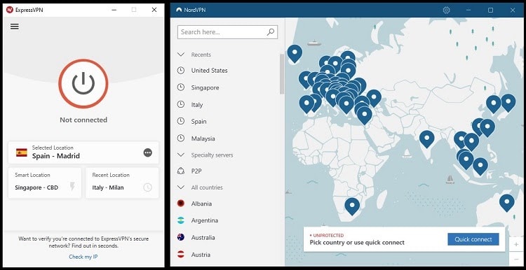 ExpressVPN (L) and NordVPN (R) interface side by side 