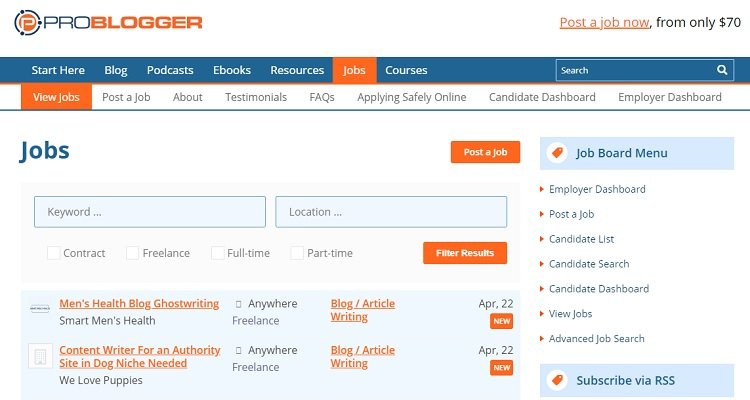 Example - Writer jobs available at Problogger Jobs.