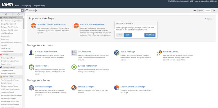 WHM user dashboard