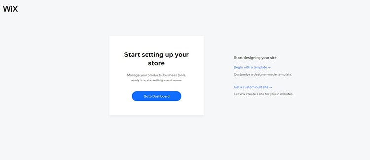 Wix screenshot - Start setting up your site