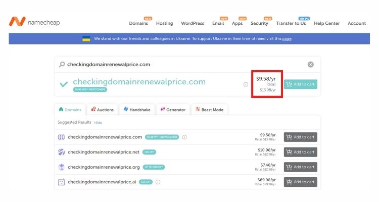 NameCheap domain renewal price stated clearly in the order page