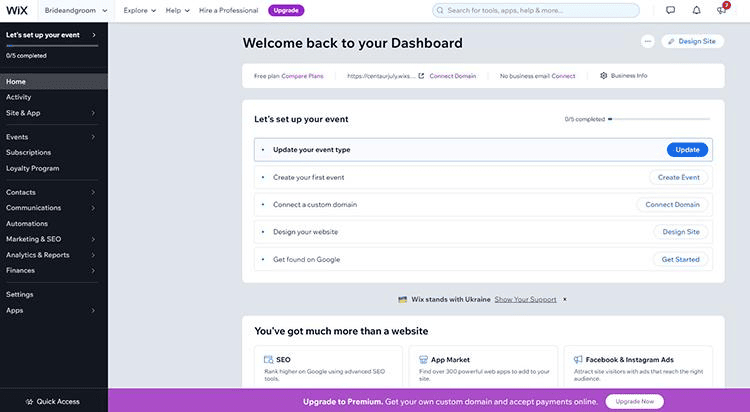 Screenshots of actual Wix user dashboard