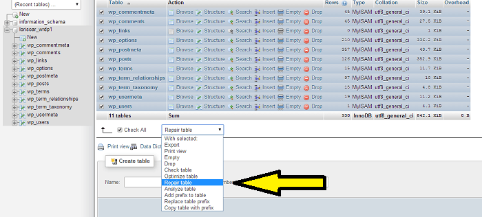 Database Table Repair during site migration - phpMyAdmin
