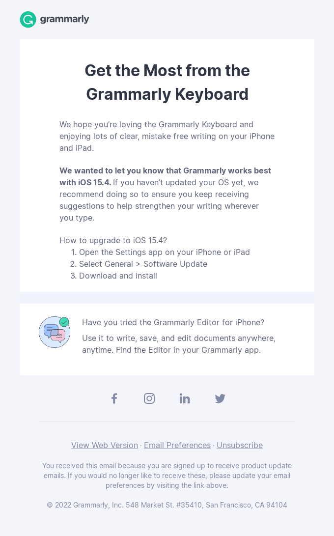 Example - Grammarly's Email to iOS Users